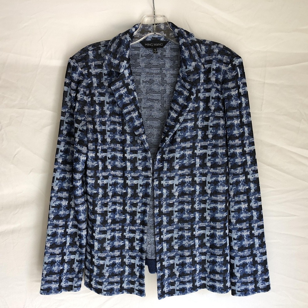 Ming Wang Cardigan Sweater Womens Small Blue Geometric Knit Open Front Jacket